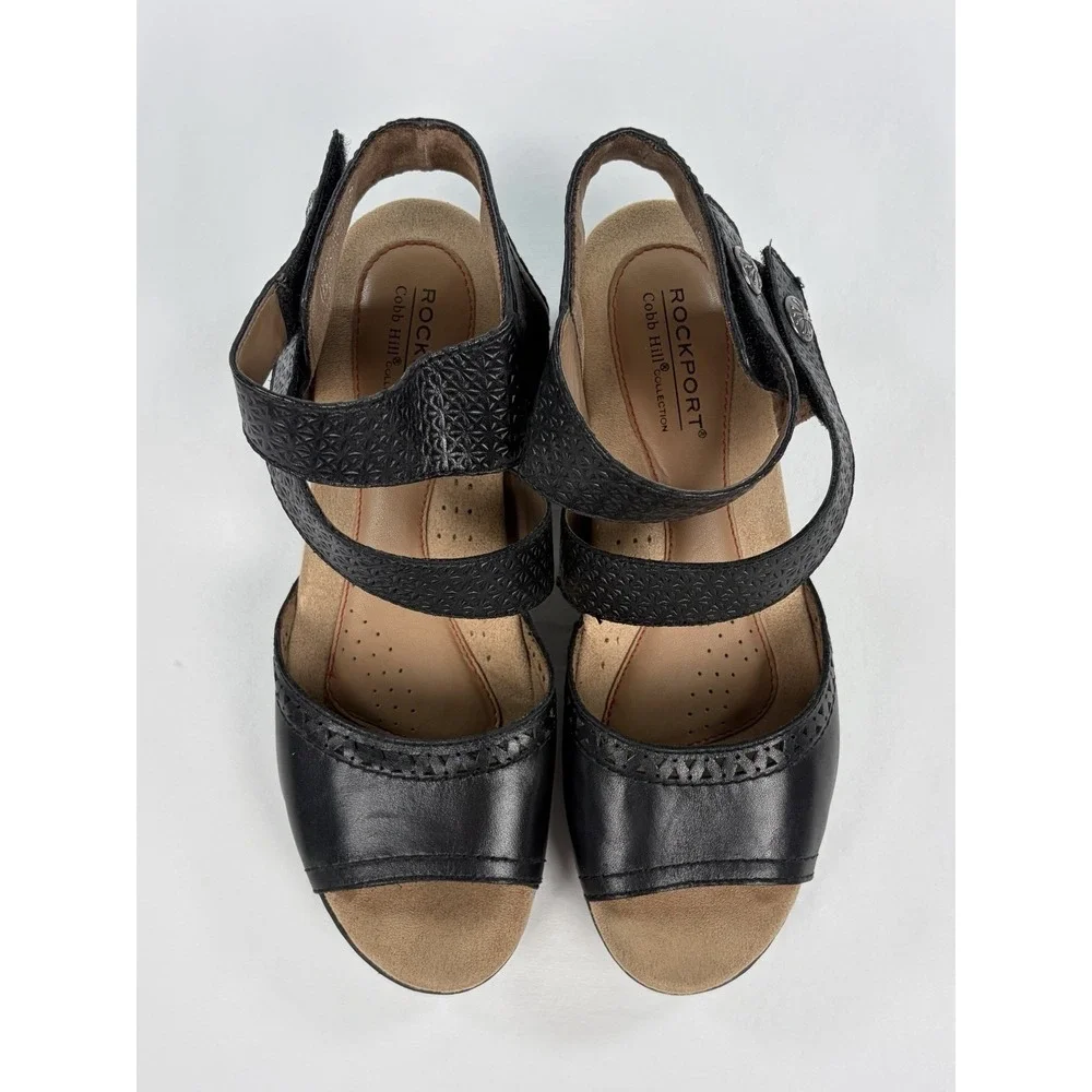 Cobb Hill Abbott Black Leather 2 Piece Cuff Comfort Sandal Heels Women's 7.5 M